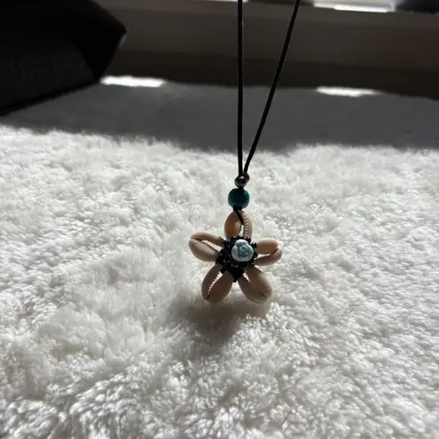 Cowrie Shell Flower Necklace Beachy Cord Pendant Boho Summer Jewelry Tan