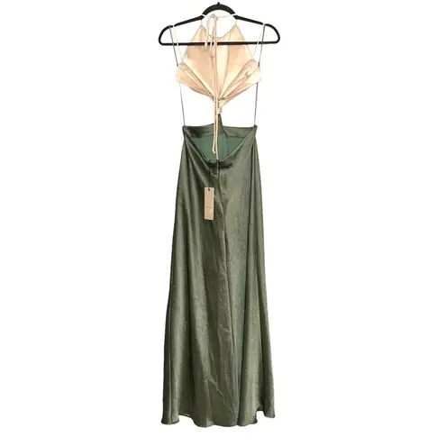 Bec & Bridge NWT Carrie Halter Satin Cut Out Cream Green Maxi Dress US 10