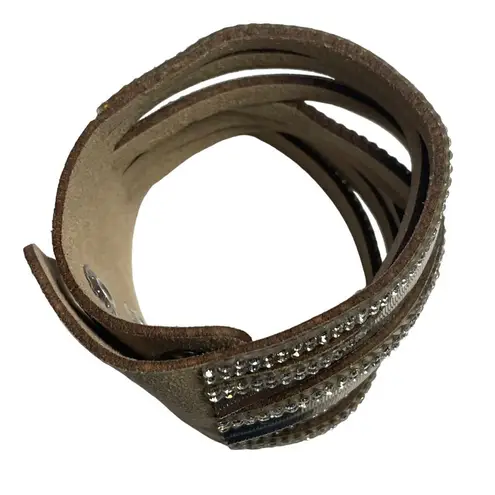 Wide Leather Cuff Bracelet Rhinestones Double Snap Closure Adjustable Fit u Fash Silver