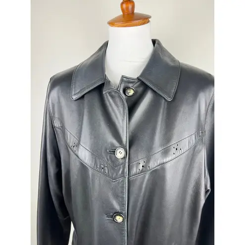Peletaria Solsona Spain Black Leather Jacket Western Style Button Front Size 42