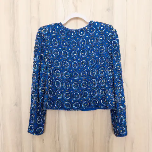 VTG Night Vogue Womens Silk Beaded Jacket Size S Blue Glam Art Deco Gatsby 90s