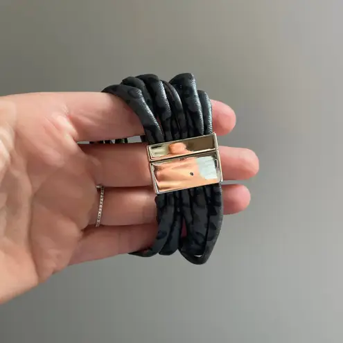 Chic Leopard Print Leather Cuff Bracelet with Gold Tone Metal Detail Boho Chic Black