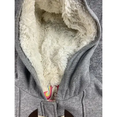 OP XL Hooded Sweatshirt Jacket Faux Fur Gray Full Zip Hooks Womens Long Sleeve