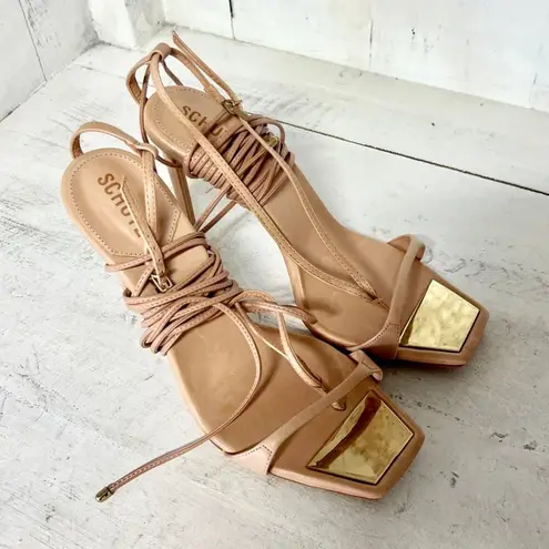 Schutz NWOT  Vikki Leather Lace-Up Square Toe Stilettos Sandals Nude Women's 10B