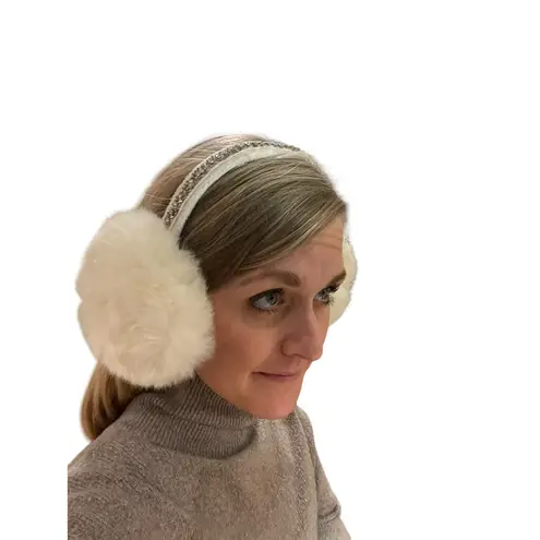 None Cream Oversized Faux Fur Ski Earmuffs with Rhinestone Jewel Headband