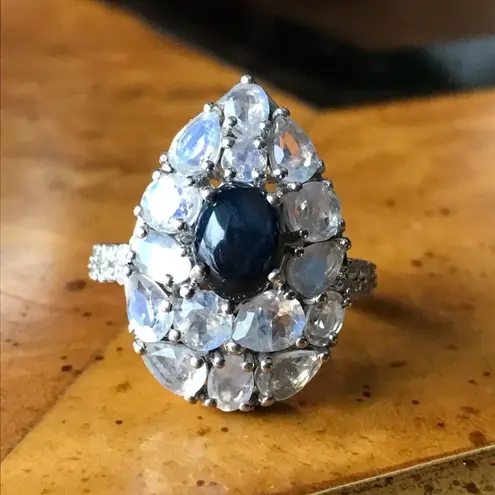Natural Star Sapphire Rainbow Moonstone Sterling Silver Ring Size 7 Blue