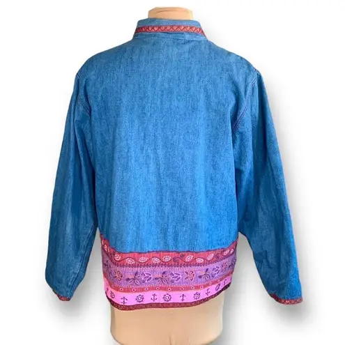 Vintage 90s Denim Jacket Pink Trim Medium Wash Floral Printed Shacket Large Blue