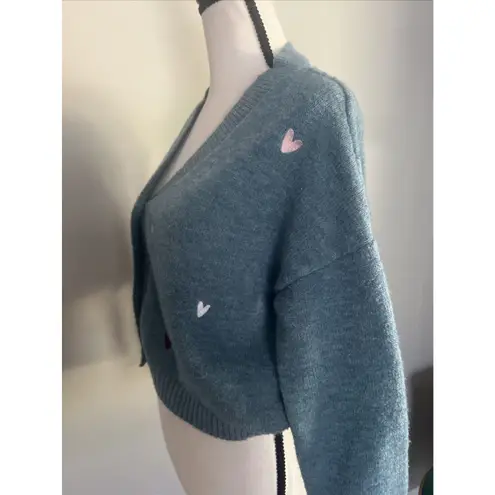 Witty Fox Ditzy Floral Small Blue Cropped Button Sweater Embroidered Hearts