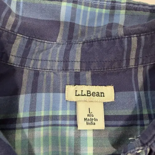 LL Bean Womens Blue Plaid Madras Cotton Button Up Shirt Size LARGE