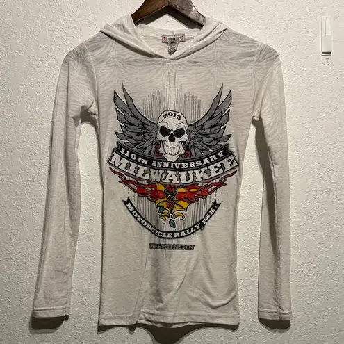 Classy JR Milwaukee Motorcycle Rally Hoodie Long Sleeve Skull Graphic Top S Bike Black