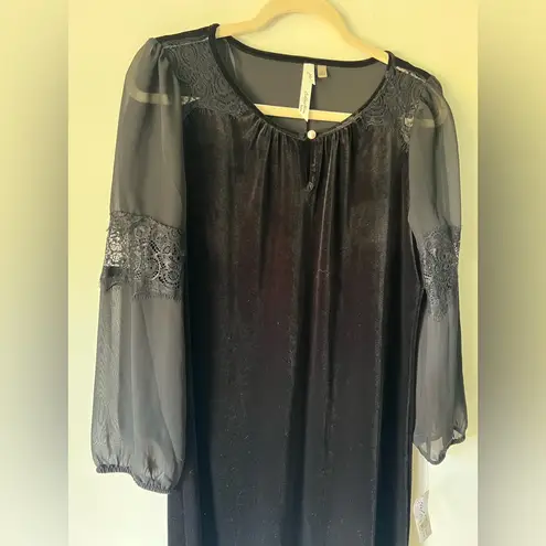 Ny Collection Petite Medium Black Velvet Shift Dress Sheer Lace Sleeve NWT