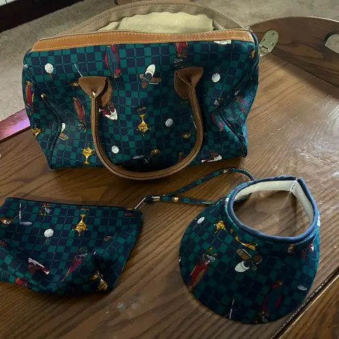 Naturalizer Green and Brown Tote Bag Set with Leather Handles Golf Theme 3 pcs