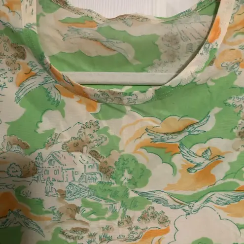 Vintage polyester short sleeve shirt graphic birds cottage house rave Y2K 90s Orange