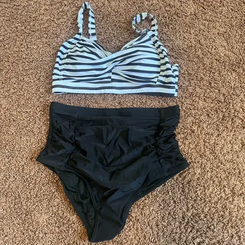 Daci 2 Piece Bikini Swimsuit Tummy Control High Waisted Black White Stripe 12W Size 12