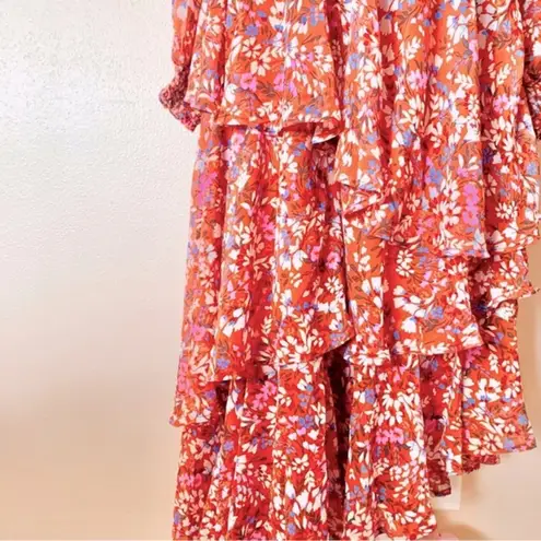 Arula Orange Red/Rust & Tan Multicolor Floral Smocked Long Sleeve Ruffled Dress. Red Size XL