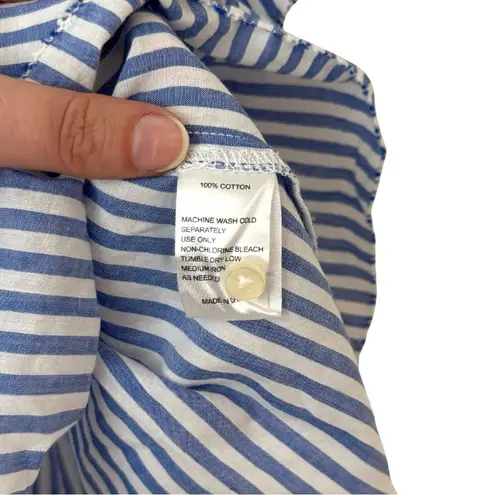 Trovata Small Carla Highneck Shirt in Blue White Stripe Flutter Sleeve Preppy