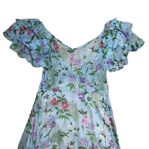 byTiMo Light Blue Floral Chiffon Ruffled Short Sleeve Maxi Dress US S