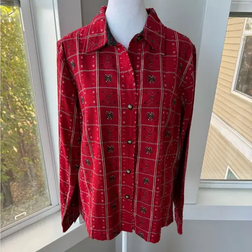 Vintage 90s Krazy Kat Red Plaid Metallic Christmas Woven Button Down Shirt Sz L Size L