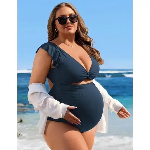 Charmo MEDIUM Navy Ruffle Ribbed Maternity Swimsuit One Piece Pregnancy Swimwear Blue Size undefined