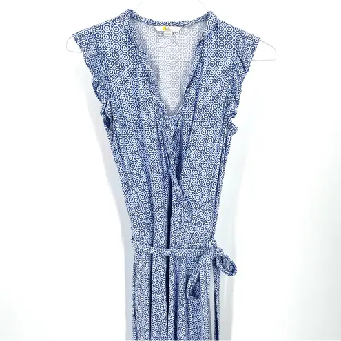 BODEN Ruffle Fixed Wrap Jersey Bluebell Geo Printed Stretch Knit Belted Dress Blue Size 2
