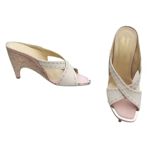 Donald Pliner Ivory Leather Wedge Shoe Cork Heel Sandal Slide Toe Rand $375 NIB Gold Size 8.5