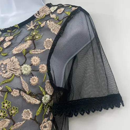 None Y2K Sheer Floral Embroidery Mesh Top M Black Coquette Whimsigoth Grunge Crochet