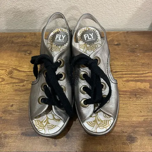 Fly London Ylva Wedge Lace-Up Mettalic Leather Sandal Shoe 38 7-7.5 Boho Grunge