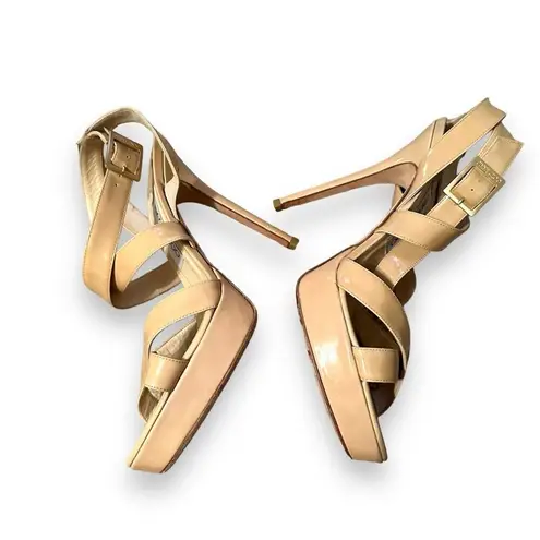 Jimmy Choo Beige Patent Leather Vamp Sandals Stiletto Heels Sz 38.5
