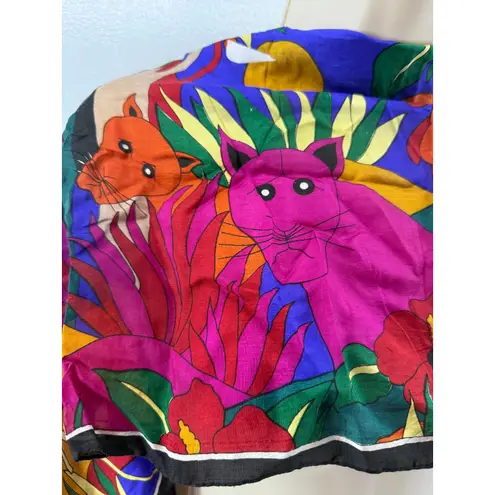 Vintage Mamudpur 80s Rainbow Jungle Silk Scarf Elephant Big Cat Floral Full Moon