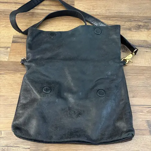 Tory Burch  Dena Fold Over Black Distressed Leather Crossbody Purse Bag