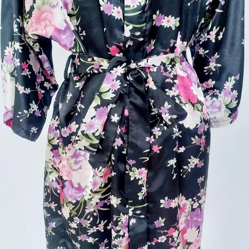 Silky Satin Robe Floral Pattern Kimono Short Black Size Small