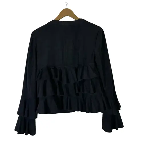 INC Tiered Ruffle Jacket Womens S Black Faux Suede Peplum Flounce Whimsygoth