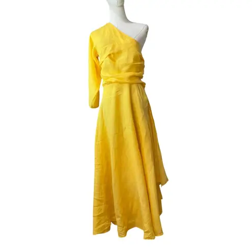 Rachel Comey Tipple One Shoulder Pleated Linen Asymmetrical Dress in Yellow SZ:8