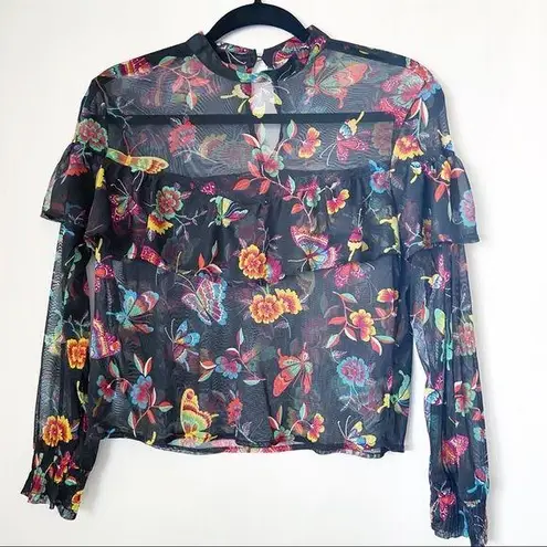 Mesh High Neck Butterfly Ruffled Crop Fairy Cottage Y2K Funky Black PM Size undefined