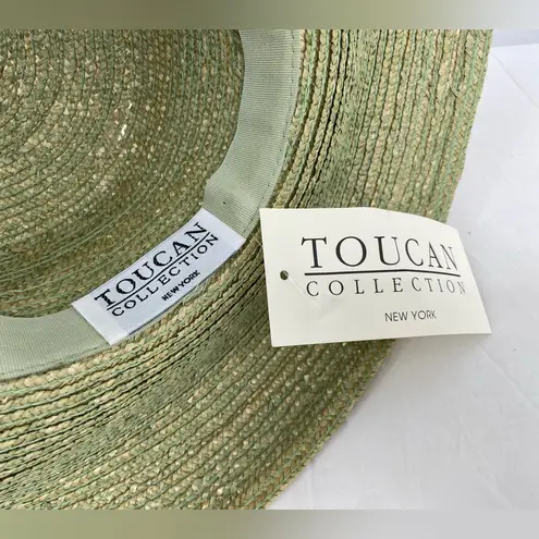 Toucan Straw hat light green, spray of flowers on raw silk ribbon Green