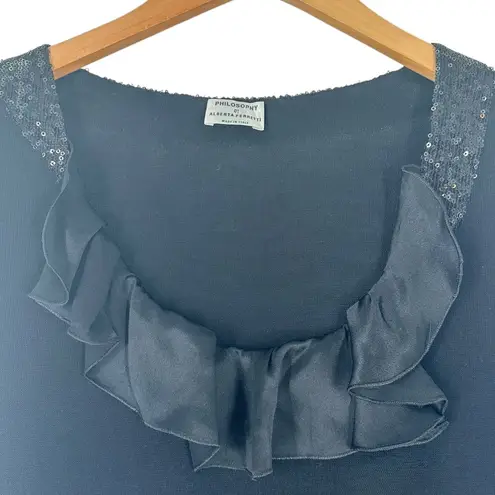 Philosophy di Alberta Ferretti Black Knit Satin Ruffle Scoop Neck Top Size L Size L