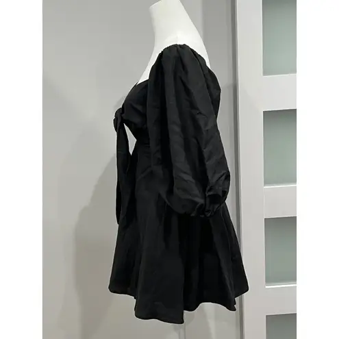 Charlie Holiday Black Puff Sleeve Tie Front Mini Dress XS Smocked Back Cutout