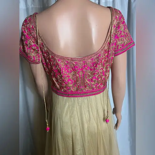 Meena Bazaar Embroidered Gown Anarkali Dress Gold & Hot Pink
