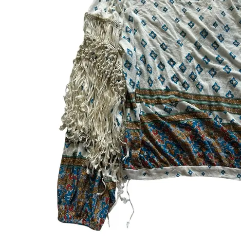 Free People  Macra Maze Me Ivory Combo Tassel Fringe long sleeve lace Top Size M