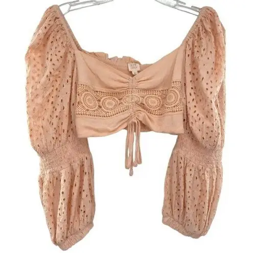 Surf Gypsy Peach Crochet Ballon Sleeve Cropped Eyelet Top Coquette