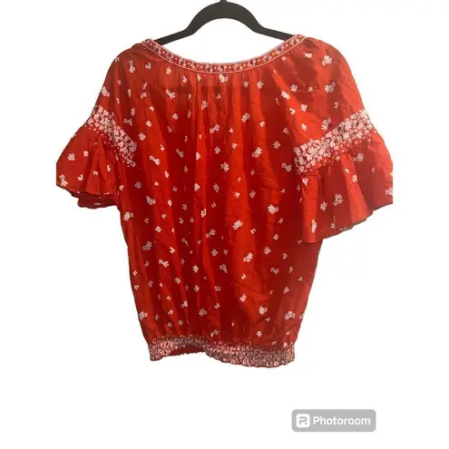 ✨Ella Moon Top Boho Sz Large Shirt Red Smocked Waist Ruffle Sleeve Tassel Tie✨