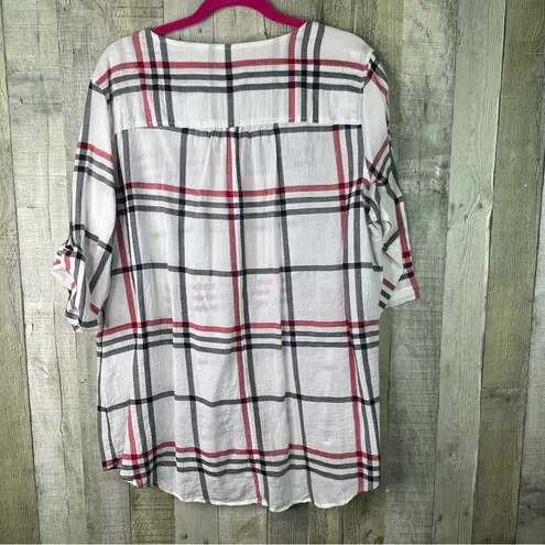 Westbound Size XL 100% Cotton V-Neck Plaid Print Tabbed 3/4 Sleeves