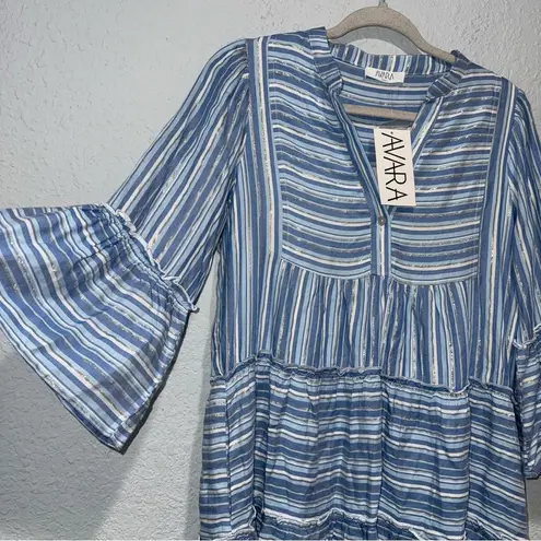NEW Avara Libby Dress Coastal Cowgirl Stripe Tiered Mini Boho Beach Resortwear S Blue
