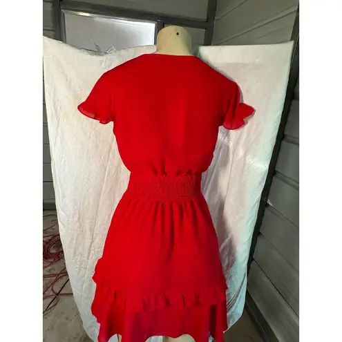 PRETTYGARDEN Red Mini Dress Cutout Ruffle Short Sleeve Smocked Waist S