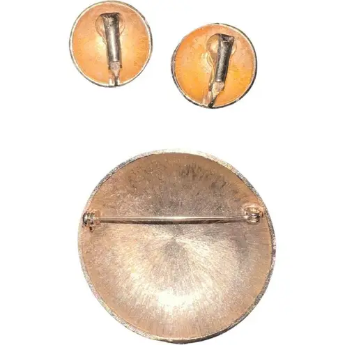 Post Modern Pastel Flower Dome Brooch & Clip In Floral Earrings Jewelry Set Gold