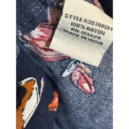 Caffe Marrahesh Blue Button Up With Pink/Red Floral Print, Rayon, Large