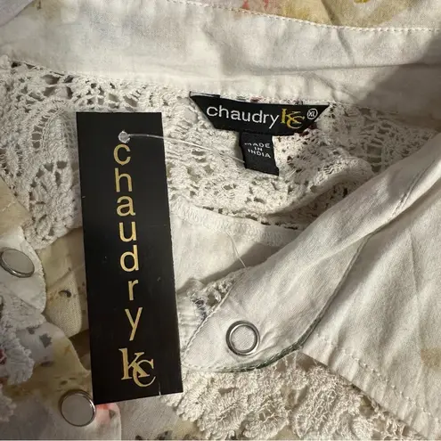 Chaudry KC Floral Crochet Yoke Snap Button Down Shirt size XL Short Sleeves NWT Red