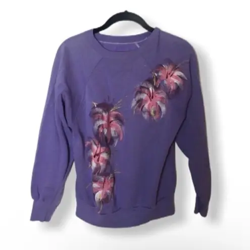 Vintage Purple Sweatshirt Women’s Size M Abstract Floral Print Pullover 80s Style Size M