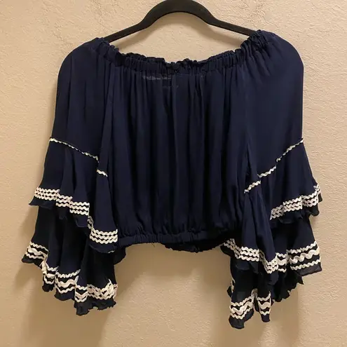 Surf Gypsy Navy Blue Hold My Mimosa Boho Tiered Bell Sleeve Crop Top Size Small