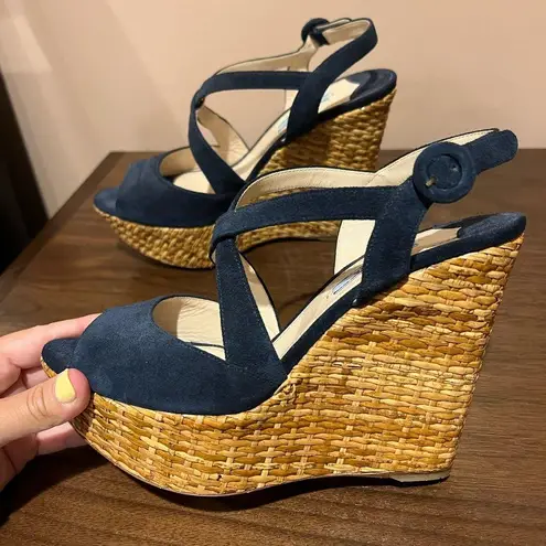 Prada Suede Crisscross Wicker Wedge Sandal - Navy